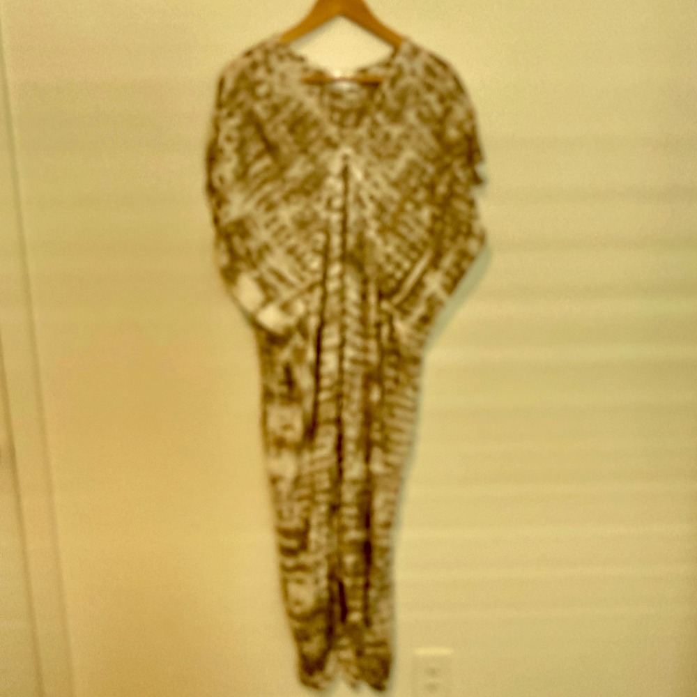 Bali Queen Kaftan Dress Womens Gray Tie Dye Cowrie Shell Maxi